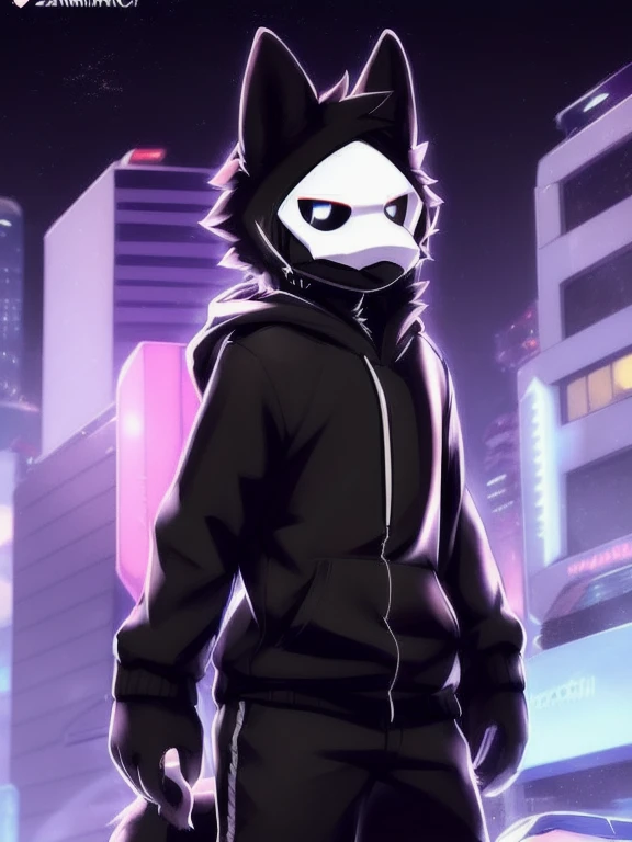 by zackary911, (coffeesoda:1.1), hioshiru, zackary911, puro, anthro, male, solo, (((full body))) clothing, fur, 2022, black clothing, hoodie, black topwear, lidded eyes, black hoodie, cyberpunk city background, 