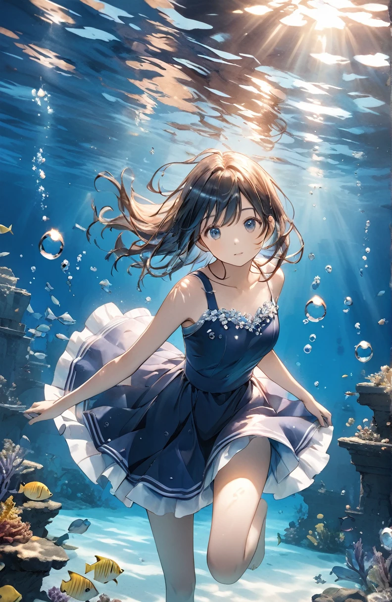 One beautiful girl、Mystical feeling、cute17Year old girl、Underwater walking,Underwater Walking、Underwater swimming、超High resolution, High resolution, 4K, 8k,close,Sunken Ruins、Girl in the water、water、surrounded by bubbles、A world of deep blue、 work in deep blue tones