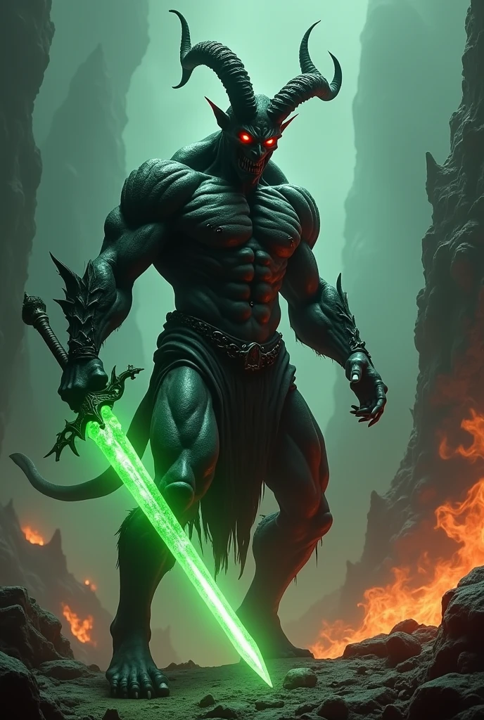 Devil With black skin colour, creepy horns and
red eyes and glowing green sword in hand
He should has six pack abs