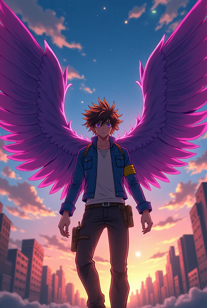 Male character of bokuno hero with purple wings and brown hair with yellow