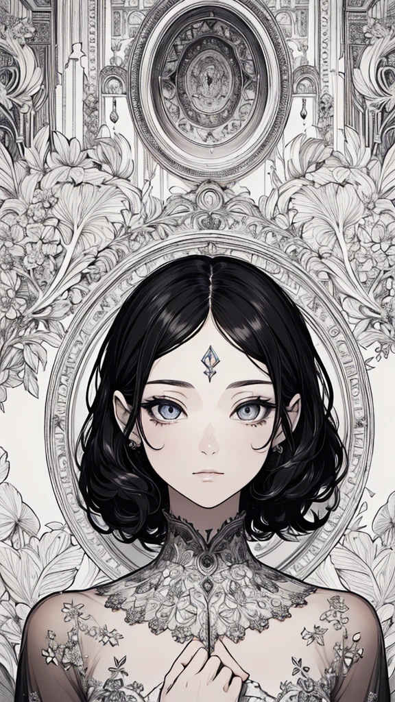 (surrealist), (8k), (very detailed), (best illustration), (beautiful and delicate eyes), (best quality), (very detailed), (masterpiece), (wallpaper), (detailed face), alone, (:1.3), Looking at the audience, exquisite details, Short hair, black hair, closed mouth, forehead,