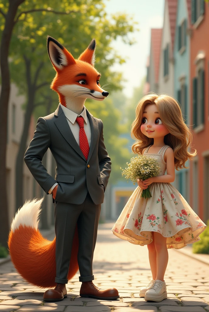 Create a fox wearing a suit and a girl walking past him