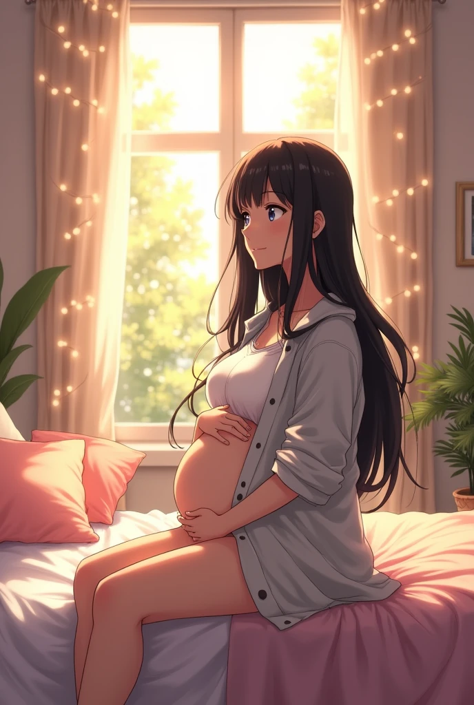ANime girl pregnant casual shirt long black hair big belly bedroom background