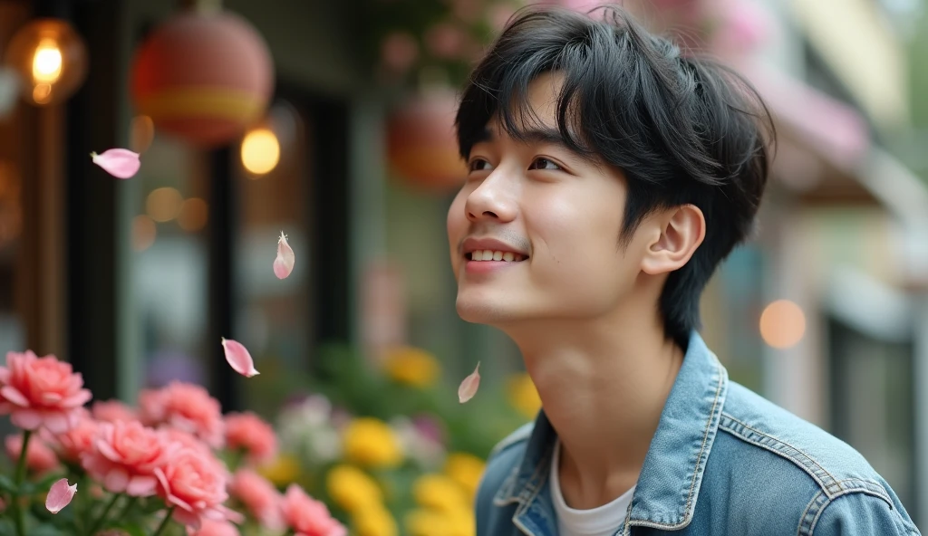 A Japanese male college student wearing stylish clothes looks into the distance with a bright expression.,Excited, Photo of your face, A florist shop with falling petals in the background, with a natural look, With a slightly tired look, tilt your face a little, Diagonal orientation, Average face