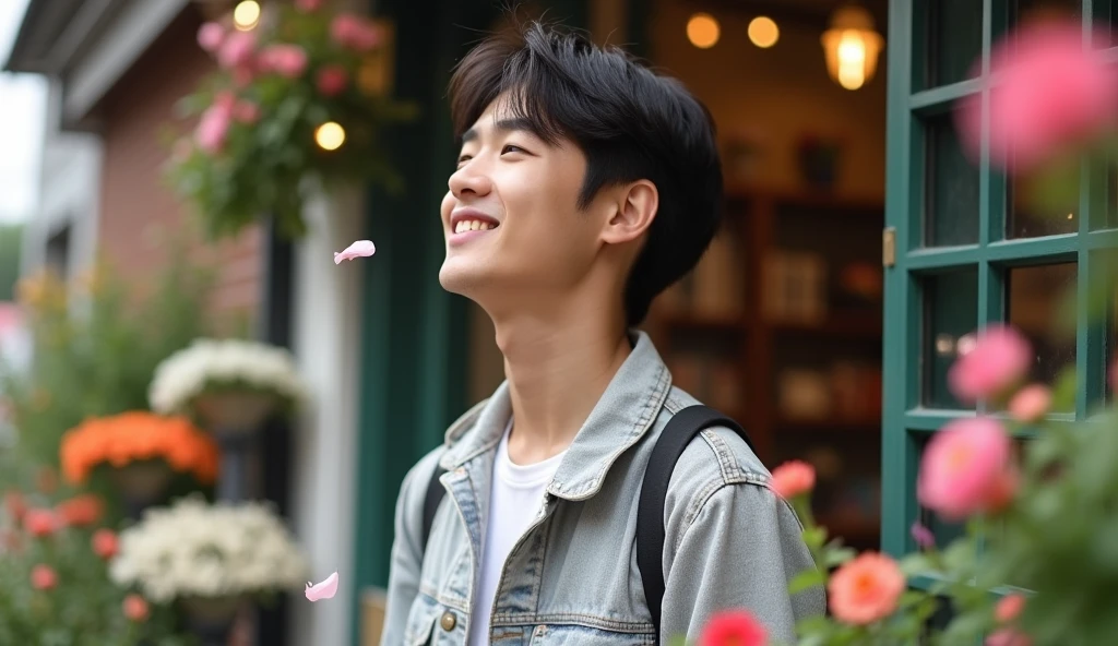 A Japanese male college student wearing stylish clothes looks into the distance with a bright expression.,Excited, Photo of your face, A florist shop with falling petals in the background, with a natural look, With a slightly tired look, tilt your face a little, Diagonal orientation, Average face