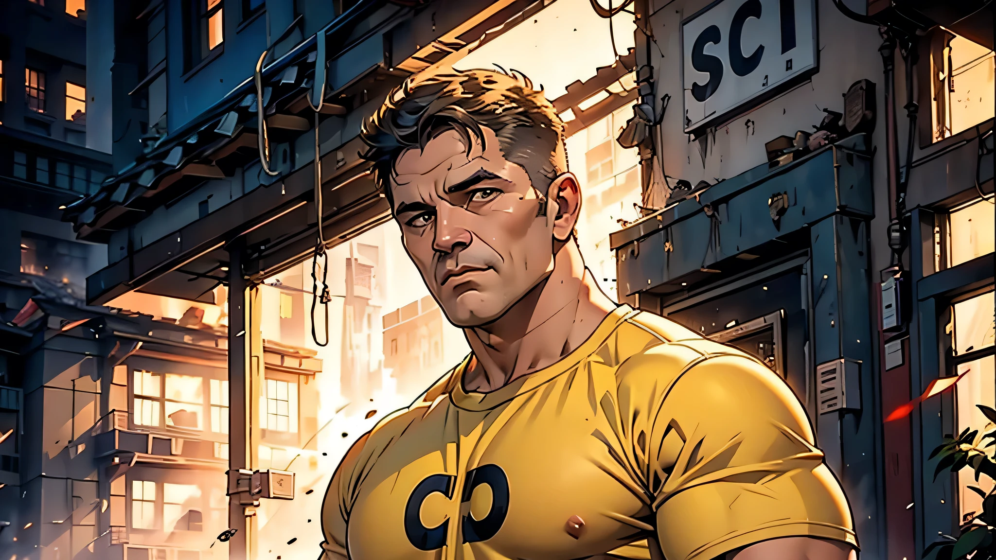 DClark, D_Clark, The hero in his yellow uniform with the letter C on his chest uses his freezing breath to put out a fire in a building.