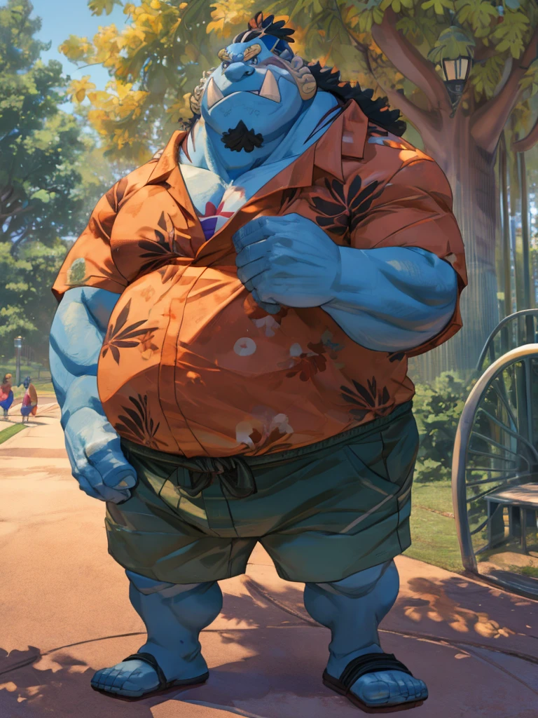 solo, 1boy, (jinbei:1.2, park, blue skin, shorts, hawaiian shirt, smile) (muscular, pectoral, chubby), park background, masterpiece, high detailed, 8k, high resolution