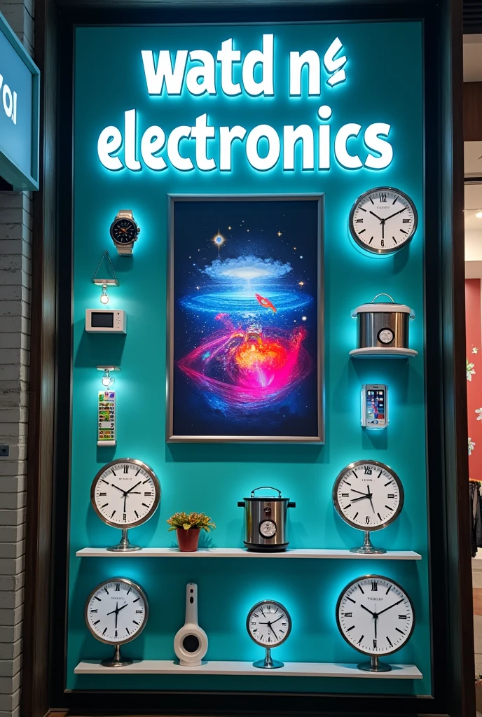 A Shop board for my shop name" Millat watch & Electronics ". With some mini photos of tv,Rice cooker, charge lights, watch,bulbs and walk clock 