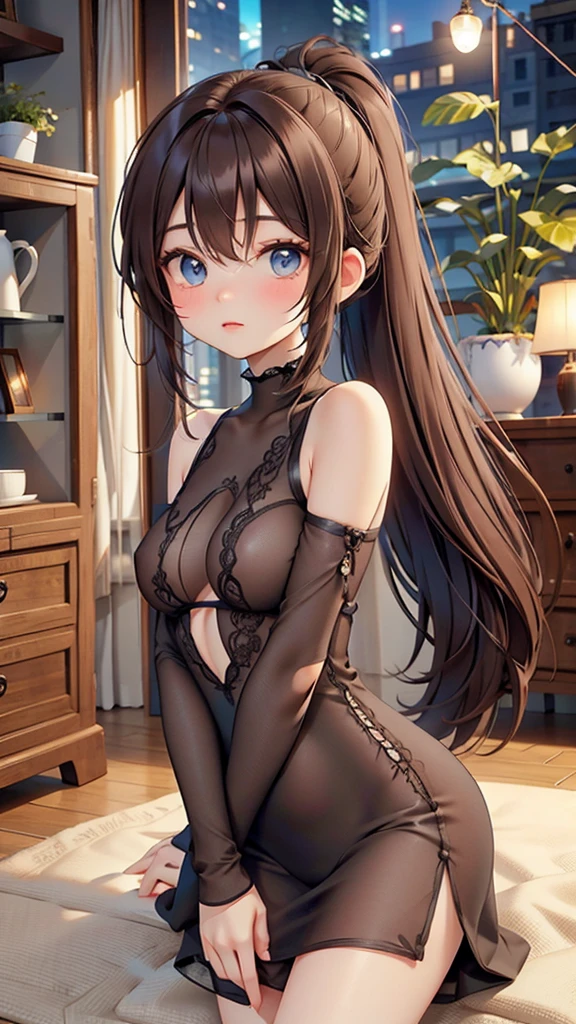 top-quality、Full limbs、complete fingers、Slender beauty、Women with straight hair、Brown-haired woman、Women with medium hair、(Beautiful busty woman:1.3)、(black knit leotard)、Black High Socks、naughty pose room、a bed、Blushing、Surprised face、Embarrassed face、lying back on