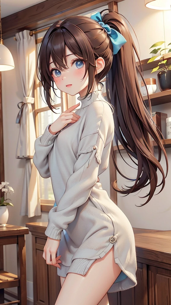 A 19-year-old Italian woman、olive-toned healthy skin。The sleek and rich dark brown hair is in a ponytail.。Bright, pale blue eyes。moderately toned physique、Balanced proportions。A cute outfit with a sexy, tight-knit dress。expression is bright and lively。The background is a forest at night。Depict the whole body。