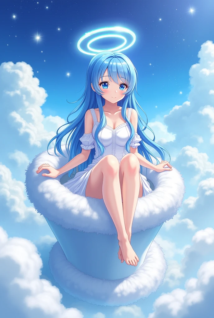 a anime girl with blue hair and a halo and perfect white chlotes from the heeavens and she is taking a huge dump on a toilet toilet from the heavens while sitting with one leg on her other leg