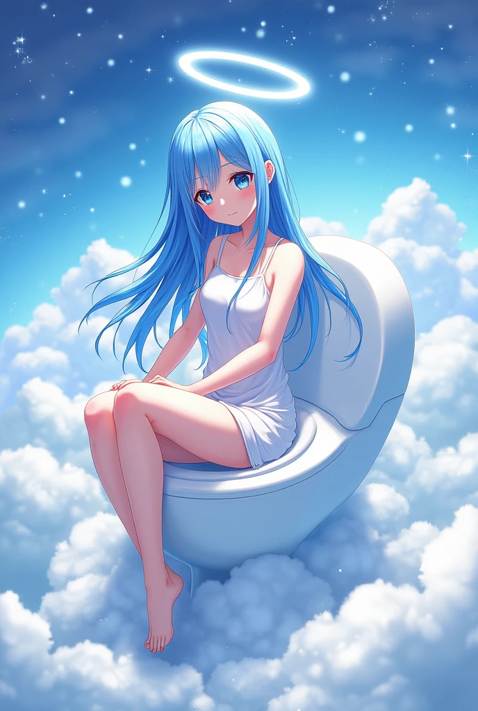 a anime girl with blue hair and a halo and perfect white chlotes from the heeavens and she is taking a huge dump on a toilet toilet from the heavens while sitting with one leg on her other leg