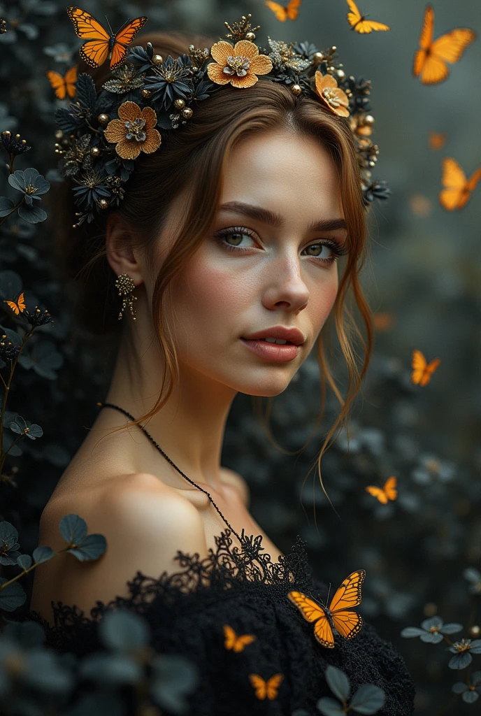 A full-body shot of a very Norway beautiful woman smile, hyperdetailed faces, rendered in the ultra-detailed style of fractal art, now infused with the enchanting touch of Benjamin Lacombe. The mesmerizing and colorful display captures her in meticulous detail, from the delicate lace adorning her attire to the elegant jewelry enhancing her beauty. Surrounding her are blooming black flowers, their dark elegance contrasting vibrantly with the scene. Intricate golden butterflies flutter gracefully around, adding a whimsical yet harmonious element to this visually stunning composition, masterpiece, UHD, 18K