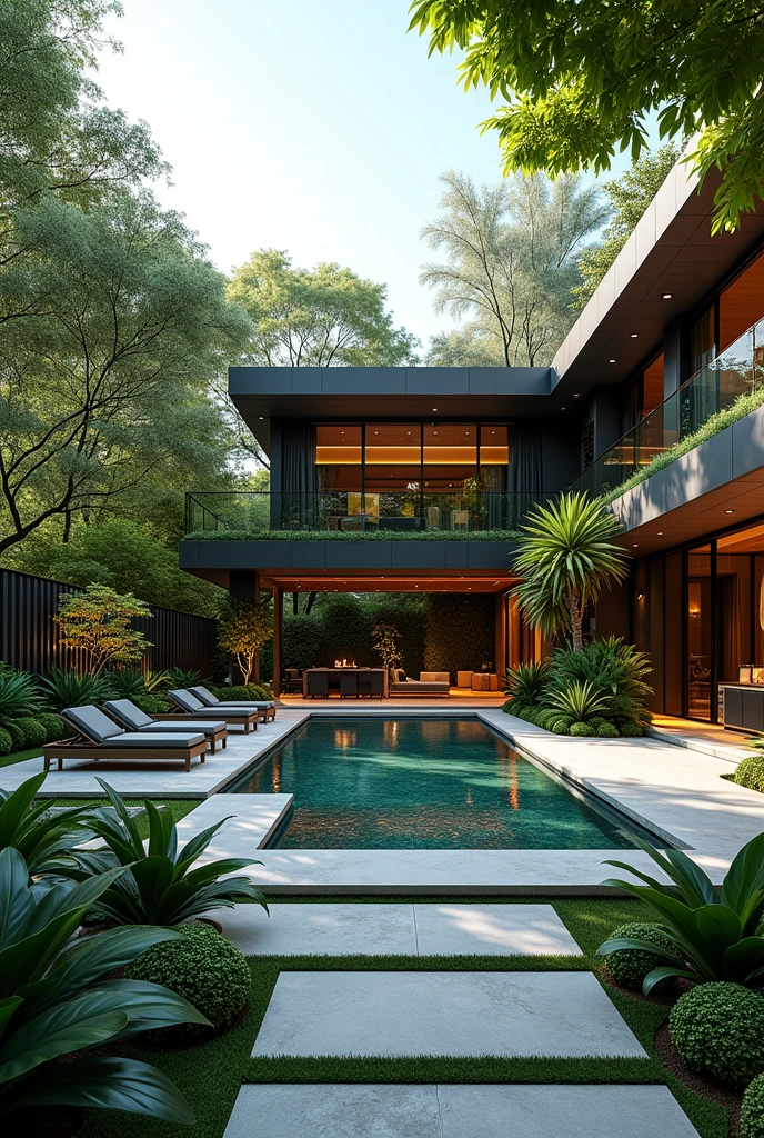 I have a 480 m2 plot of land. I want a house that looks luxurious and modern from the front. But it should be more of a green patio than a house. Make the plot bigger. Another option is without a pool.