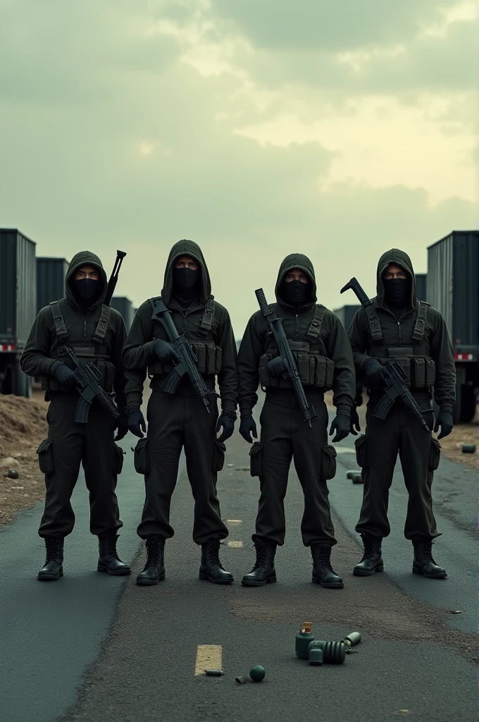 Create a realistic image of 4 men dressed in military clothing and hooded with weapons and black trucks and that they are on the road and on the ground there are grenades and bullets lying around