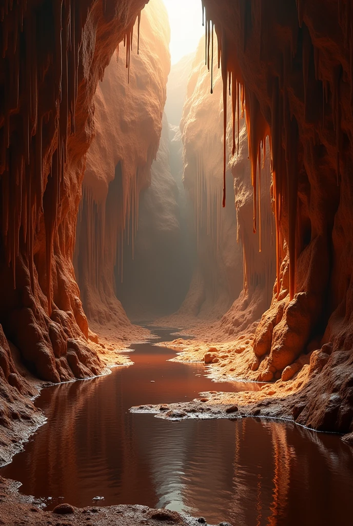 A large cave with caramel stalactites and stalagmites, little natural light and chocolate lagoons 