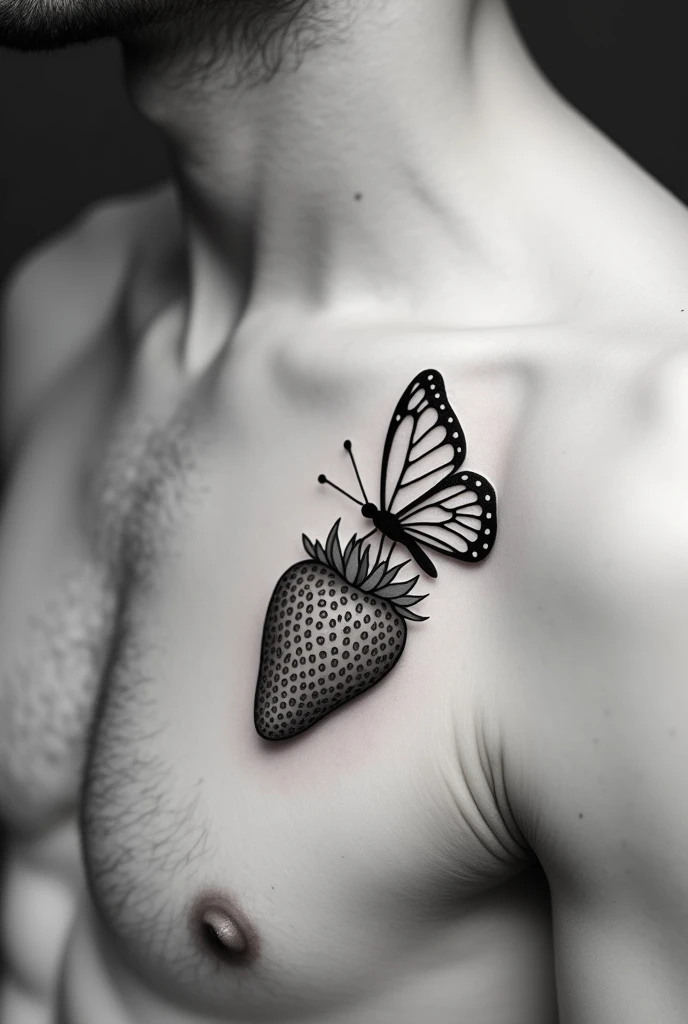 A minimalist and creative 10cm black and white masculine tattoo featuring a strawberry and a butterfly  