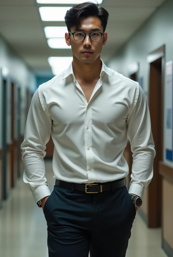 Korean gentleman,super big breasts ,teacher,shiny tight clothes, tanned skin,clean shave,walk the hallway,Handsome and elegant,wear glasses, sexy , Masculine and handsome,musculous,Muscles look good,,, Full body photo,(ultra-detailed, photorealistic, best quality, 4k, 8k, highres, masterpiece:1.3),charming and distinguished , (muscular build body), wearing tailored shiny dress light colored shirt, sweat, unbutton buttons shirt, lewd face ,tight chest, sex,See-through shirt, erotic, horny, , Accessories include a luxury wristwatch, in school,looking at viewer,muscle veins,no underwear ,Tight shirt makes muscle,unbutton,six pack,