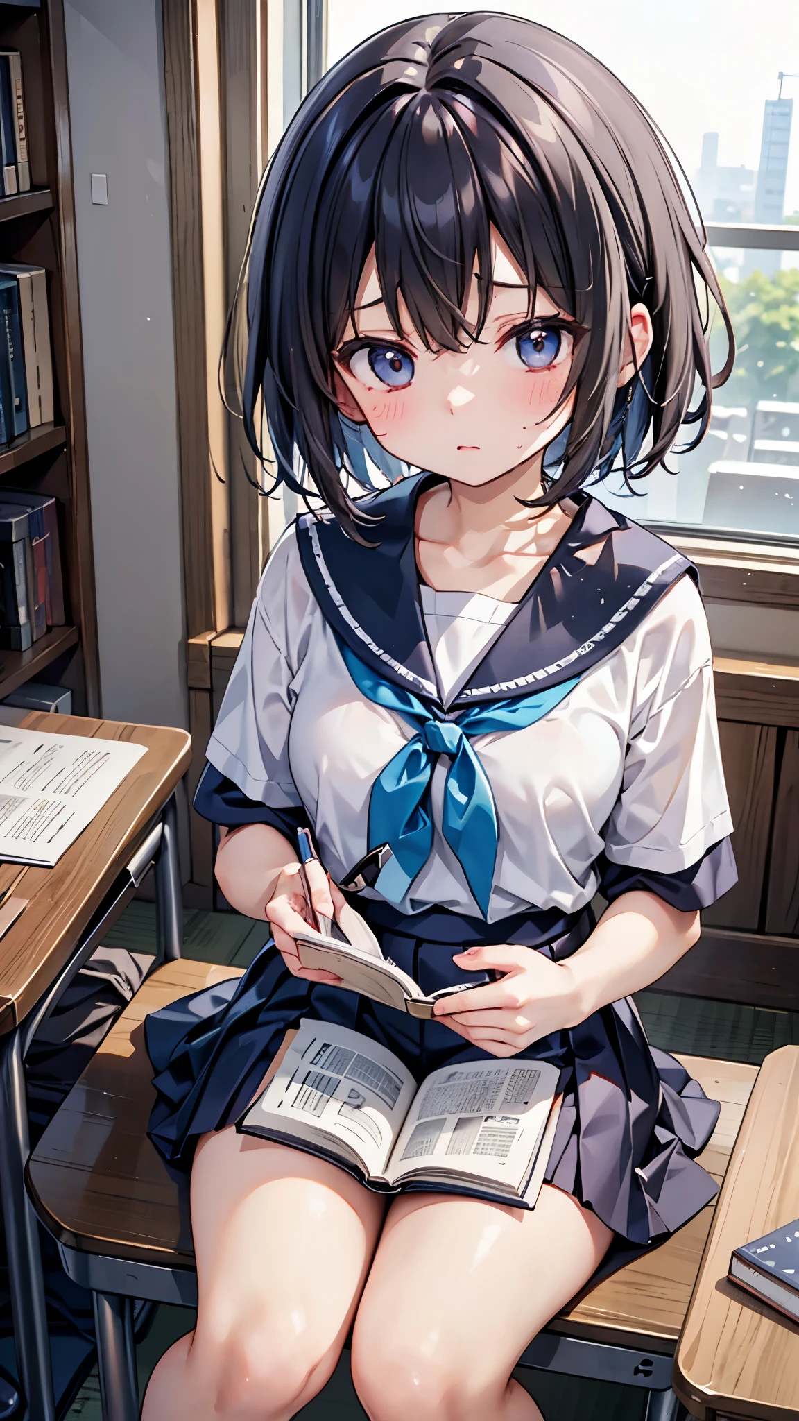 Japanese、One high school girl、Looking down、下を向いている、下を向いている、うつ向いている、うつ向いている、Short Hair、Short sleeve T-shirt、Very short skirt、Sitting in a chair、Reading a book、Desk in my room、Barely、looking at reference books、Serious expression、Sweating all over the face、The gaze is looking down、Not looking at me、