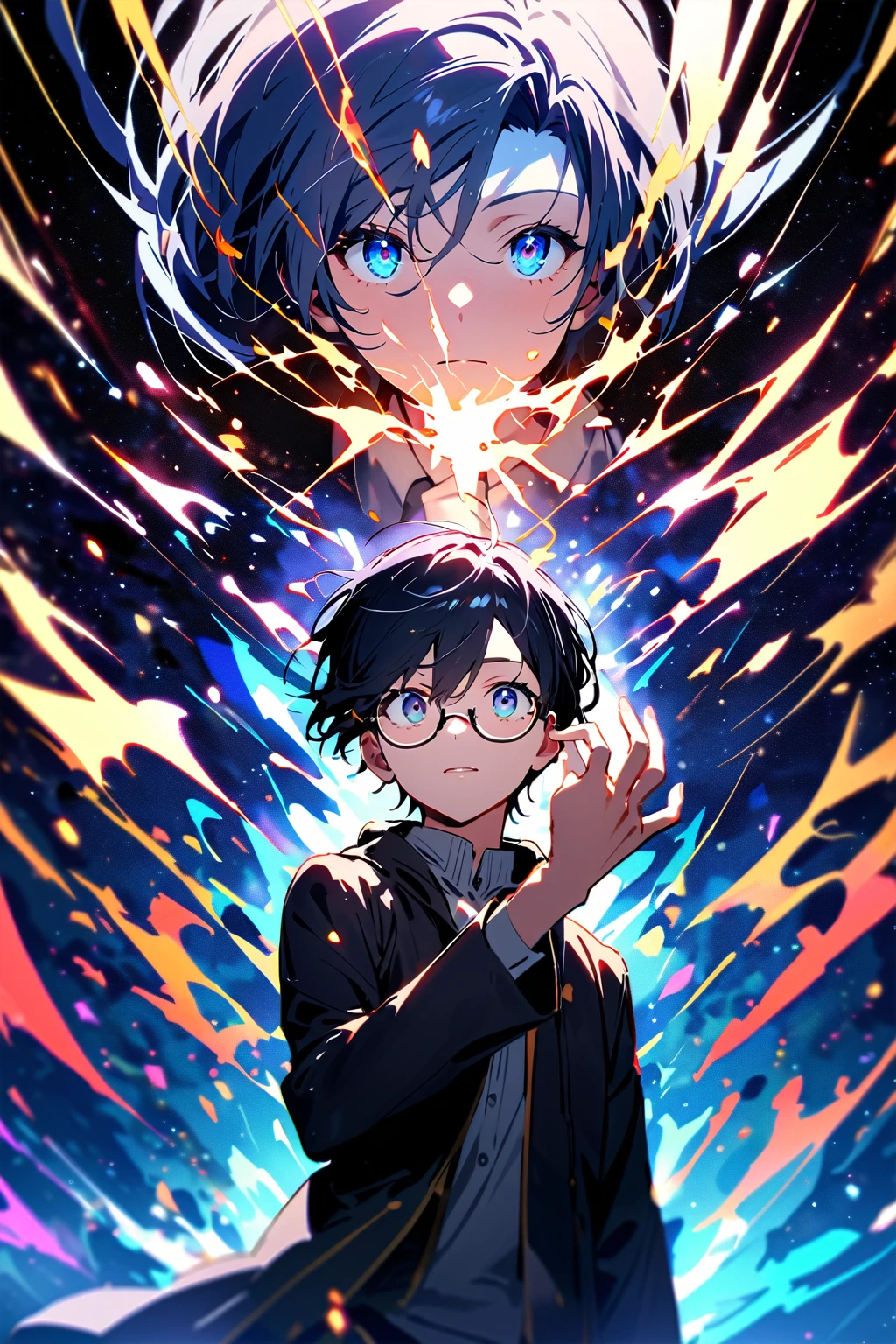 Faithfully recreates the gesture of putting on glasses, A magical moment, BREAK: He turns to face the viewer, looking up at the camera, trying to gauge his mood., BREAK, Clear and attractive eyes, BREAK (dynamic shot from side:1.1, eye level shot),