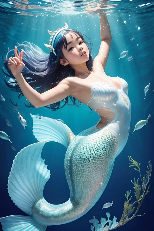 A sexy 13-yr Asian girl is illuminating(( wearing a fish head band))(( wearing transparent mermaids costume sexy full body detail anatomy figure)), wearing transparent one piece scally detailed on skin, wearing scally fish like skin texture body, lifting up plump pussy , wavy blue short hairstyles from the flow water, ((having illuminating fish tails instead of toes))( fish fins ears))(scally illuminating fish arms, torso, bottom, face, neck, shoulder & legs))((showing feets near camera)) (accurate details of hands & fingers)) hard big errect nipples, open legs splitting position,exposed pussy line, exposed panties, exposed pussyline, smiling with teeth exposed. Sparkling gray eyes, charms, face details & fucos skin texture colored blue, swimming under the ocean showing corals, urchins, fish, turtle, whale, bubbles of air for accurate background masterpiece ((with full blue gemstone illuminating fish like scales skin textured all over her body)) ((with gills)) swimming with ocean current waves under the sea,( many different perspective view character profile , front view, side view, rear view, of same face & clothing girls posing deferent angle))(( perfect details of mermaid body and tail fin anantomy))