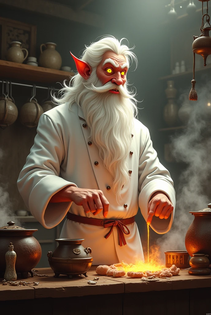 Cartoon wizard with white chef jacket preparing things with white beard and white hair, mystical diabolical look, yellow eyes and dark background, hell's kitchen, staring, sepia colors, mixing things, all a tarot character
