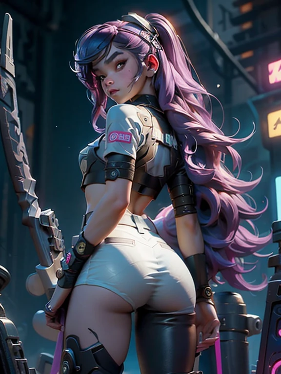 masterpiece，best qualtiy，8k wallpaper，The is very detailed，illustratio，（perfect bodies：1.1）, 1个Small Breast Girl, Hailee Steinfeld, cute face, dual horsetail，wearing hat，wearing mini hot pants, beautiful detailed eyes, beautiful detailed lips, slim body, cute bum, showing her butt crack, bending over, Cyberpunk-inspired short outfits, Baseball bat, Turn Back, cyberpunk city
