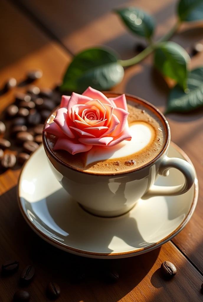  a cup of coffee with a rose on top and a heart