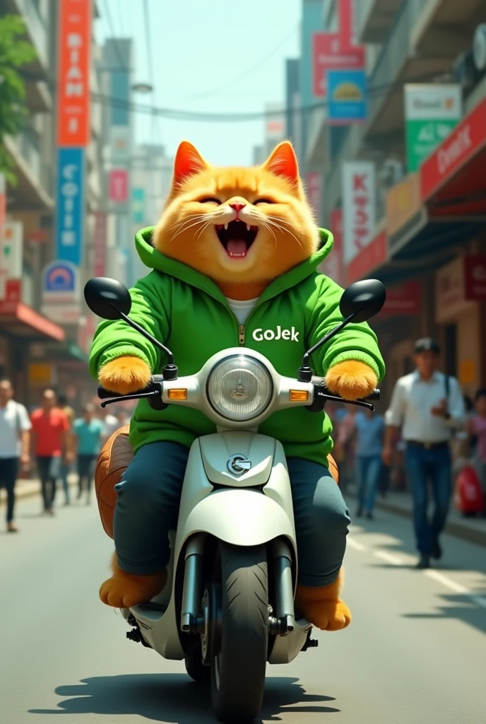 Create an image of a chubby, cute orange cat riding a Honda Beat matic motorcycle on a busy road. The cat is wearing a green jacket with the word "GOJEK" printed on it, along with a helmet on its head. It looks happy and content as it navigates through the traffic, with a delivery order strapped securely on the back of the motorcycle. The scene captures the lively atmosphere of a crowded street, with the cheerful cat embodying the spirit of a dedicated delivery driver in an urban setting, Use maximum realism, As in the photo. In the background, draw a clear city without blurring.