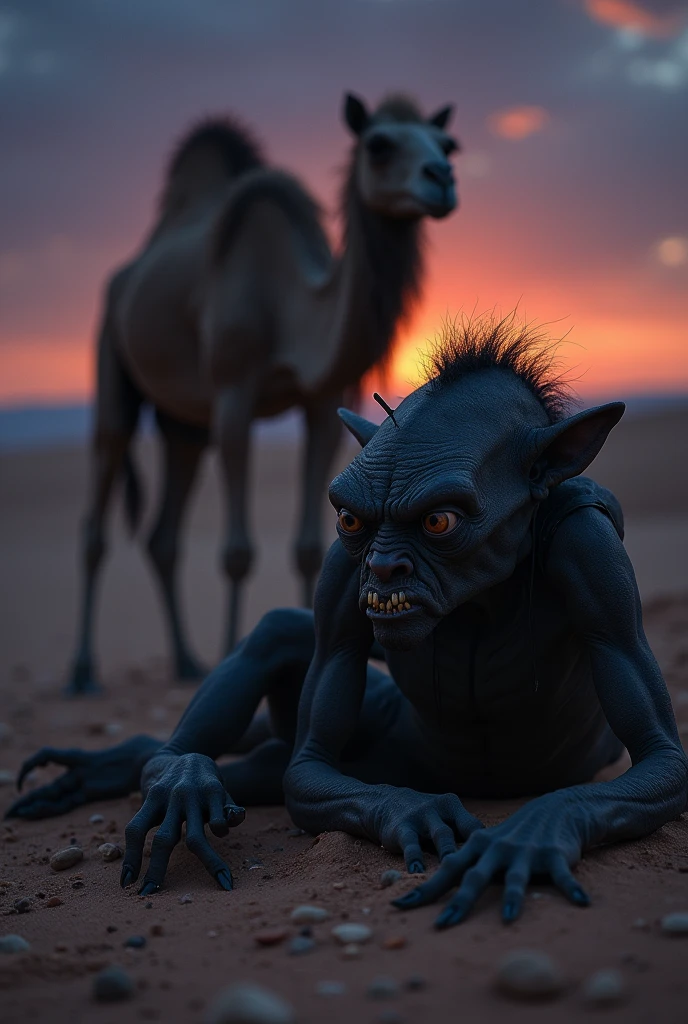 An ugly black goblin dying and a camel crying its agony 
