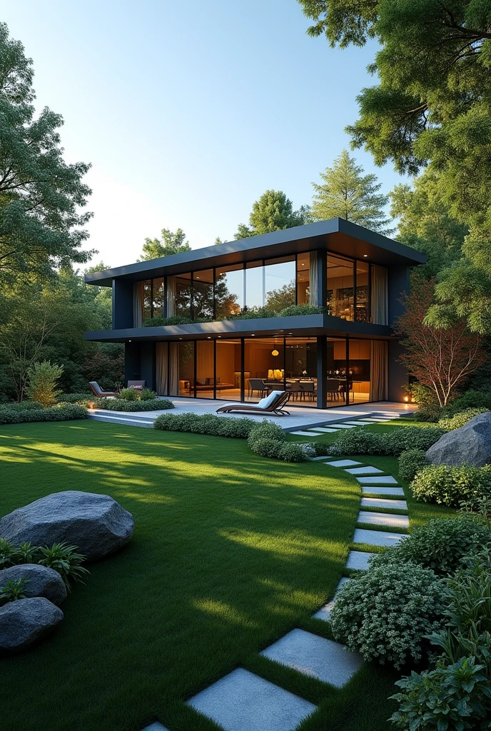 I have a 480 m2 plot of land. I want a house that looks luxurious and modern from the front. But it has more of a green patio than a house. Another option is without a pool.