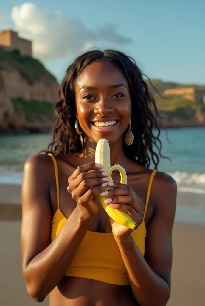 Beautiful Angolan woman、Facing forward、Staring straight ahead、Ecstatic expression、With an erotic look、1 peeled banana、Eating erotically with open mouth。In the background are famous Angolan tourist sites