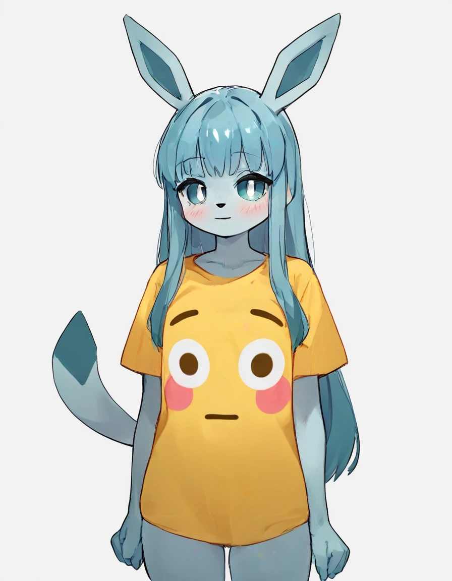 alone, score_9,score_8_up,score_7_up, anthro female glaceon, blue sclera, white eyes, standing, flushed_emoji_shirt, simple background, t-shirt