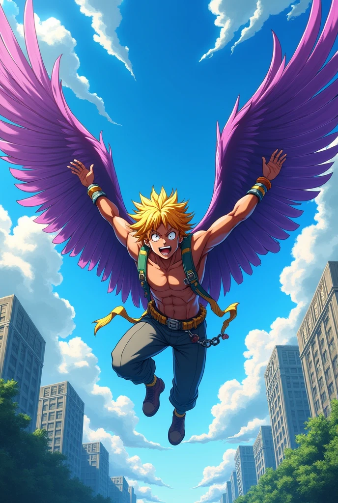 Male character of bokuno hero with purple wings and yellow hair with brown