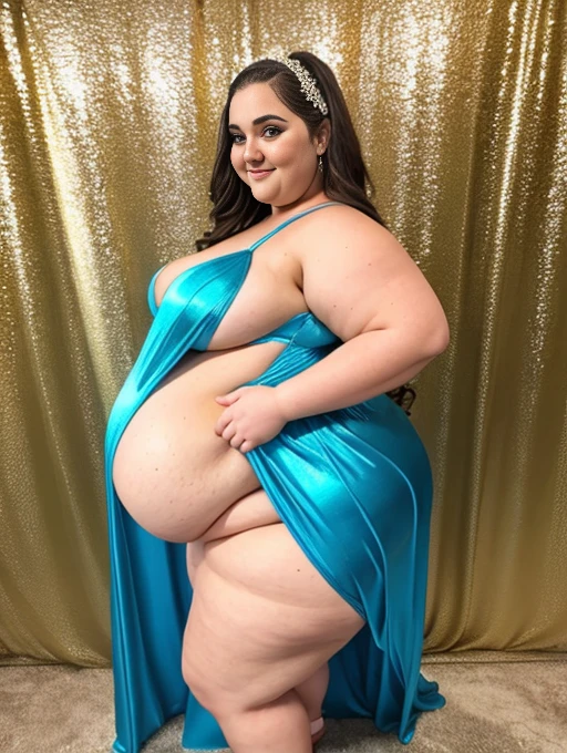 A very fat 16 year old girl at school prom, massive belly, very fat, big boobs, giant butt, chubby arms, wearing a long blue formal dress, long wavy hair, belly very big, bloated belly, full body view, dim lights, flashy lights, dancing, is happy, wearing heals, on dance floor, small nose, facing viewer
