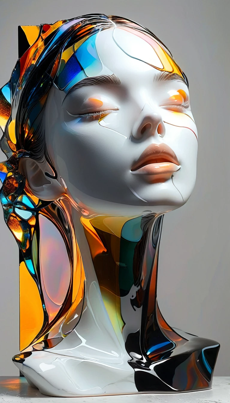 graphic design，Large black canvas，Sense of space，White space，1 Stained glass transparent 3D portrait sculpture，Underflow smelting，Facial Luminescence Line，simple，Minimalism，beautiful girl，Soft and elegant colors，，Dark background，Luminescence