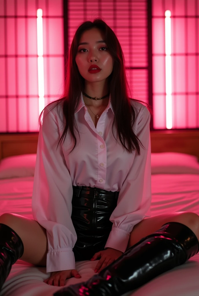 ((Chinese Idol)) 35 talents ((Plump, bright red lips with lipstick)) cute round face Heavy makeup Duck mouth Big Breasts Plump Brown hair short hair ((Looking into the camera)) Sit with your legs apart ((White button-up shirt with black patent leather tight skirt and black stockings)) ((Knee-high boots)) Skin and chest drenched in sweat (Sit on the futon with your legs spread open.) look down ((A bedroom with shoji and tatami mats lit up in pink neon lights)) Shooting from a camera angle seen from the floor