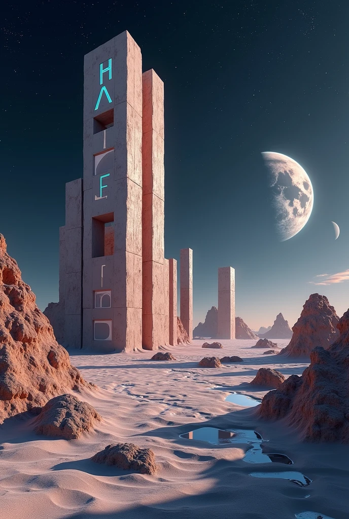 Floating geometrical shapes floating above ground on an otherworldly alien landscape where ancient ruins crafted from intricate 3D geometrical shapes stand as silent sentinels of a long-forgotten civilization. The word "PARATECH" with futuristic font is on the center of the landscape emerging from the ground and the letters are from blue neon lamps like a 3D neon logo sign. It's night and the sky is pitch black full of sharp stars and planets. Realistic, hyperrealism, high resolution, extreme quality, volumetric lighting, extreme details, sharp details, photorealistic, 4k hdr