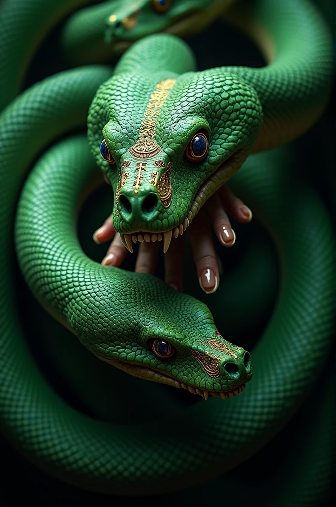 3 snakes green , taroot, Devilish hand details ,had Golden skull, ultra quality, 8k, realisitic.
