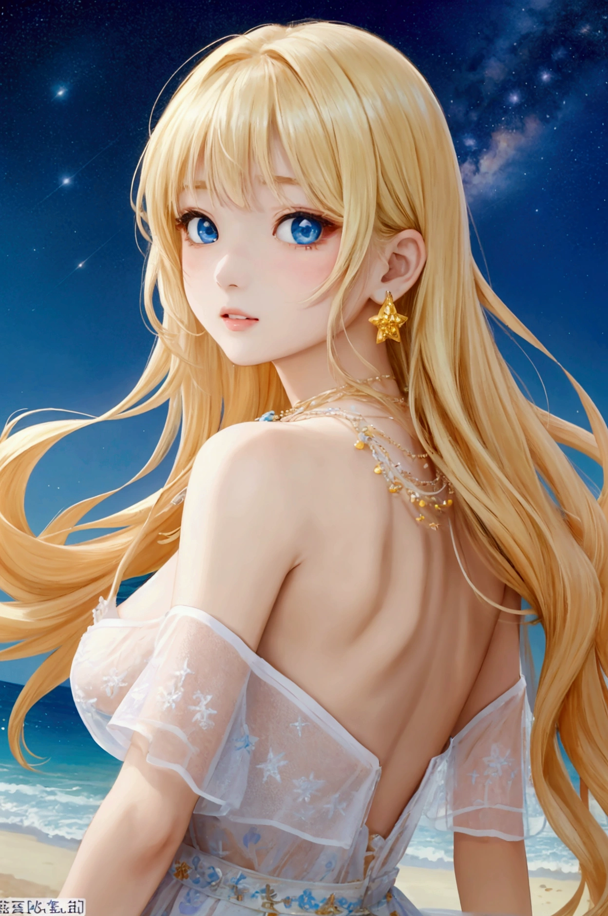 (masterpiece、Highest quality、8k、High resolution)、(The best beautiful girl)、Best Style、(The most beautiful face)、Clear skin、Clean blue eyes、Beautiful lips、Beautiful nose、Blonde Hair、Ample breasts、Walking on the sand、look back、Ocean、You can see the forest、A bright night with stars visible、Beautiful starry sky、milky way、(体whole bodyから神秘的な光の粒子、Colorful Light)、The face looks beautiful、(jewelry、necklace)、dress、(whole body)、Highly detailed anime art、A complete portrayal、