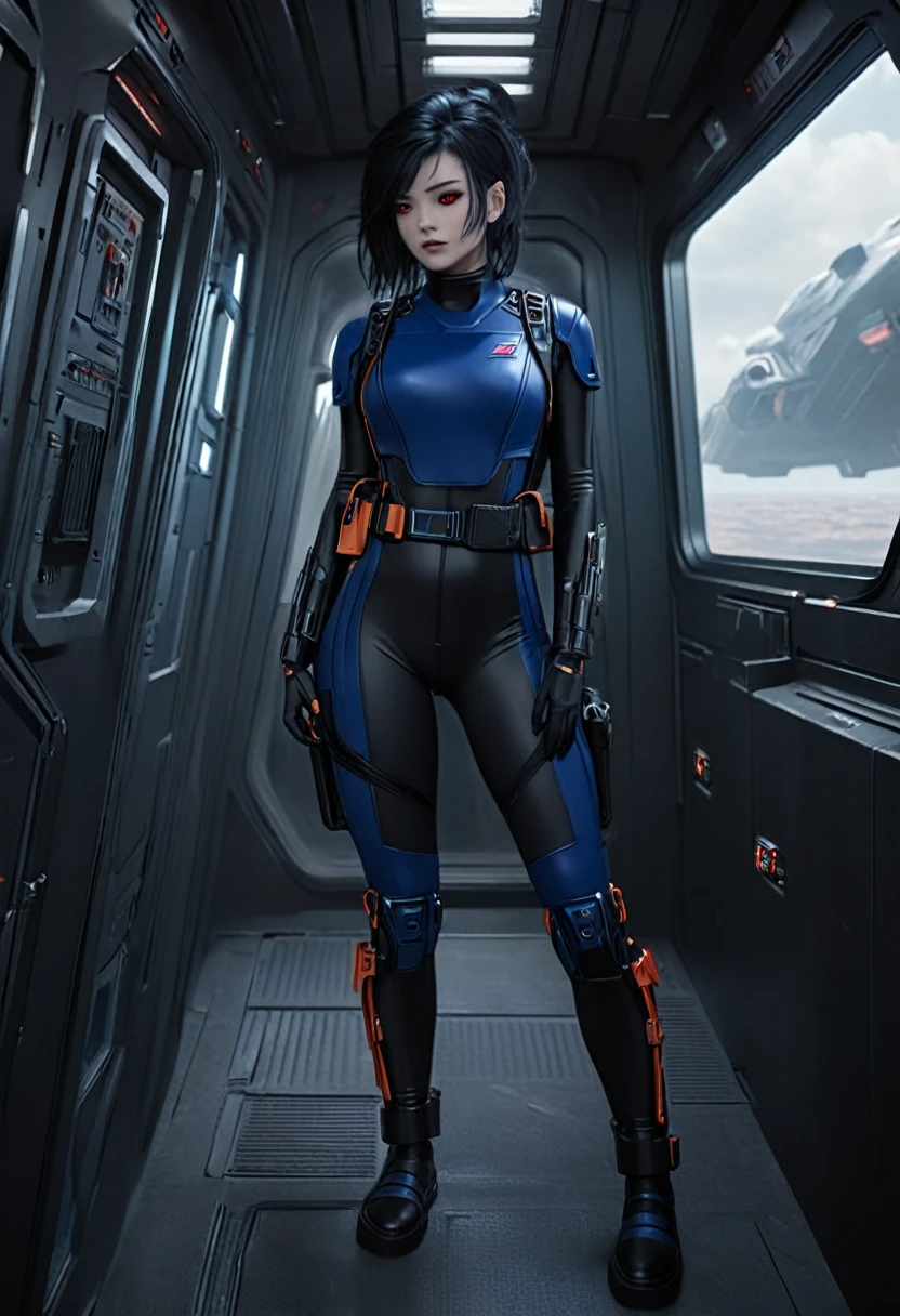 A female Chiss with royal blue skin, black hair, and red eyes, wearing a black jumpsuit, tool belt, in a full body pose, standing next to a window in the hallway of a spaceship, (best quality,4k,8k,highres,masterpiece:1.2),ultra-detailed,(realistic,photorealistic,photo-realistic:1.37),detailed cyberpunk character, hyper realistic, highly detailed face, intricate details, dramatic lighting, sci-fi, cinematic, moody atmosphere, cinematic lighting, dramatic lighting, vibrant colors, depth of field