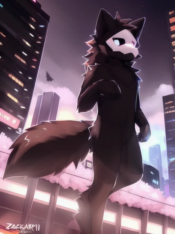 by zackary911, (coffeesoda:1.1), hioshiru, zackary911, puro, anthro, male, solo, (((full body))) naked, fur, 2022, black body, lidded eyes, cyberpunk city background