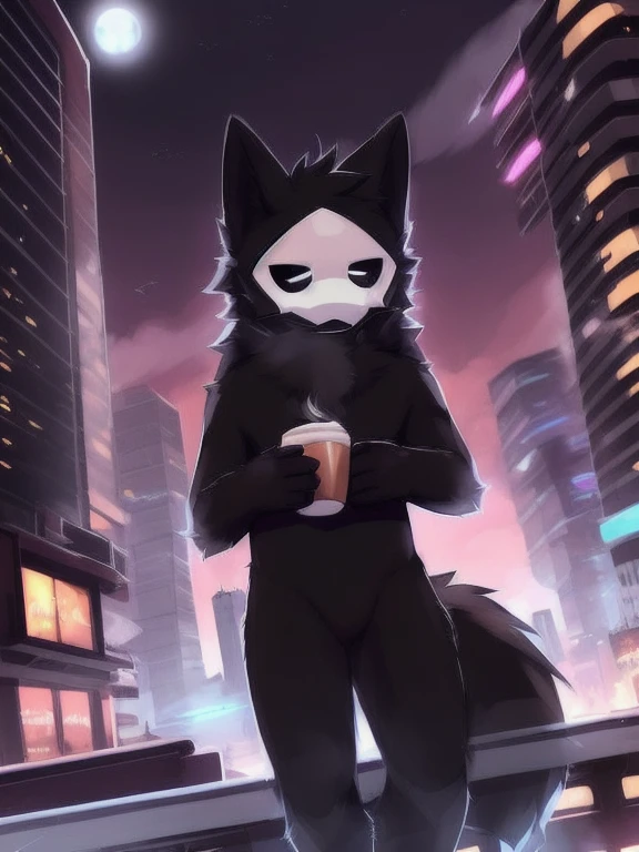 by zackary911, (coffeesoda:1.1), hioshiru, zackary911, puro, anthro, male, solo, (((full body))) naked, fur, 2022, black body, lidded eyes, cyberpunk city background