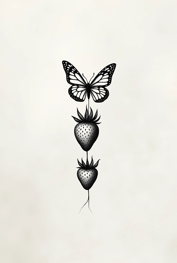 A minimalist and creative tattoo that is small in black and white that has a strawberry and a butterfly and looks good