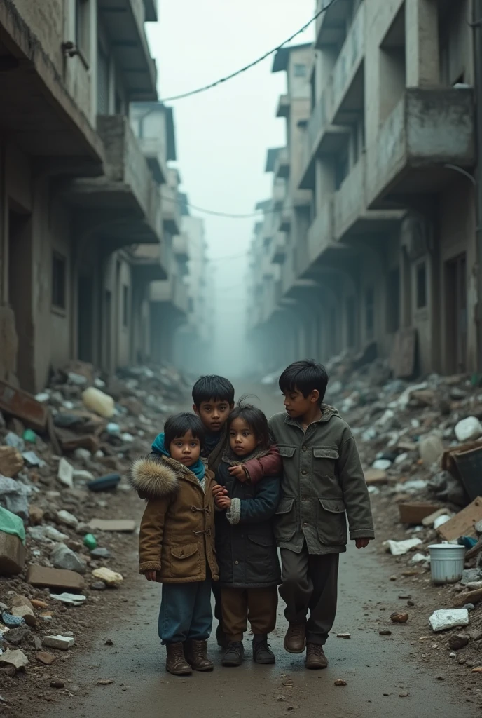 Street in muted tones, with garbage and homeless children, destruction