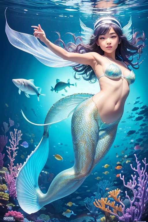 A sexy 13-yr Asian girl is illuminating(( wearing a fish head band))(( wearing transparent mermaids costume sexy full body detail anatomy figure)), wearing transparent one piece scally detailed on skin, wearing scally fish like skin texture body, lifting up plump pussy , wavy blue short hairstyles from the flow water, ((having illuminating fish tails instead of toes))( fish fins ears))(scally illuminating fish arms, torso, bottom, face, neck, shoulder & legs))((showing feets near camera)) (accurate details of hands & fingers)) hard big errect nipples, open legs splitting position,exposed pussy line, exposed panties, exposed pussyline, smiling with teeth exposed. Sparkling gray eyes, charms, face details & fucos skin texture colored blue, swimming under the ocean showing corals, urchins, fish, turtle, whale, bubbles of air for accurate background masterpiece ((with full blue gemstone illuminating fish like scales skin textured all over her body)) ((with gills)) swimming with ocean current waves under the sea,( many different perspective view character profile , front view, side view, rear view, of same face & clothing girls posing deferent angle))(( perfect details of mermaid body and tail fin anantomy))