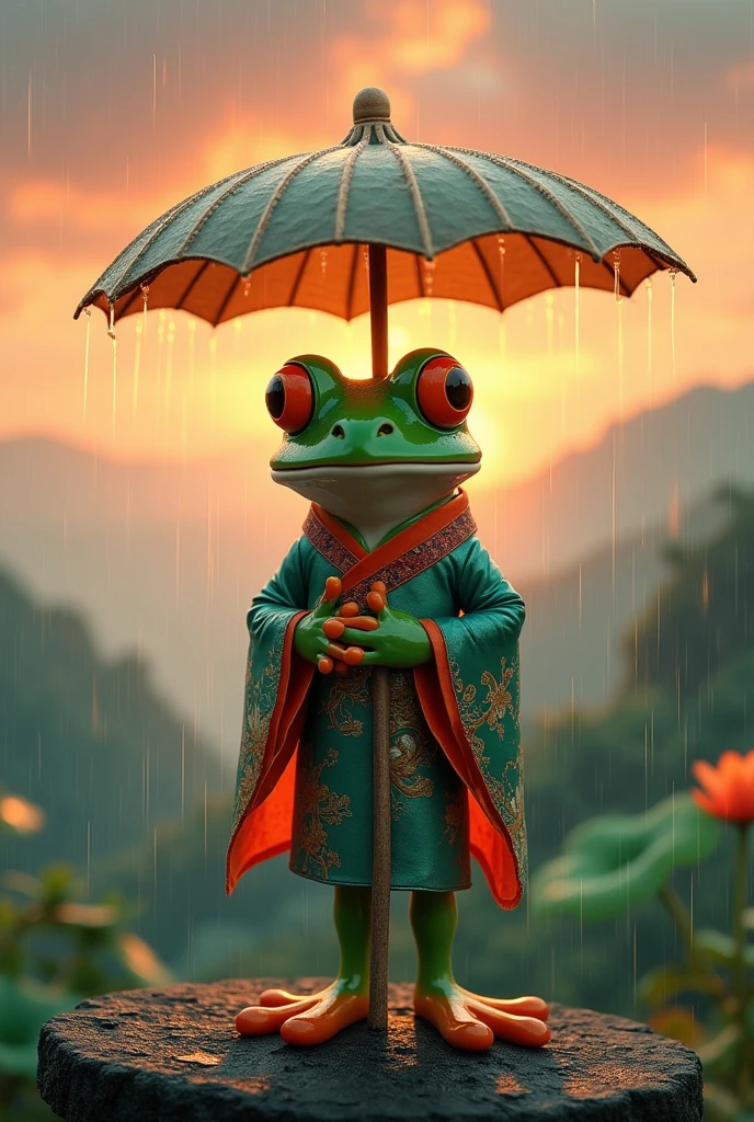 A fat green tree frog，Wearing Chinese clothes，Ultra-realistic，high resolution，Standing with a lotus leaf umbrella，It is raining in the background，The background is the hilltop at sunset，Back view


