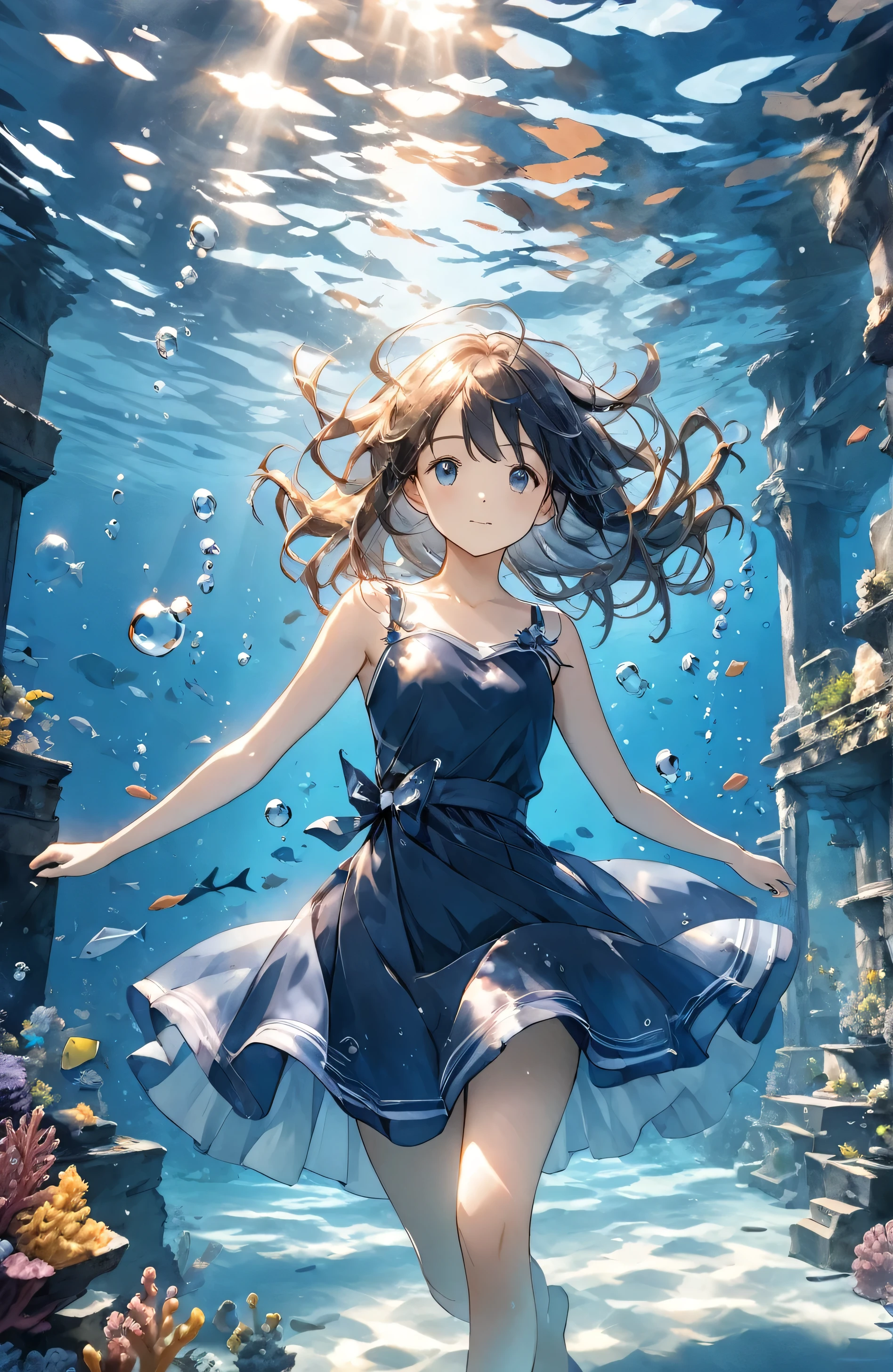 One beautiful girl、Mystical feeling、cute１７Year old girl、Underwater walking,Underwater Walking、Underwater swimming、超High resolution, High resolution, 4K, 8k,close,Sunken Ruins、Girl in the water、water、surrounded by bubbles、A world of deep blue、 work in deep blue tones