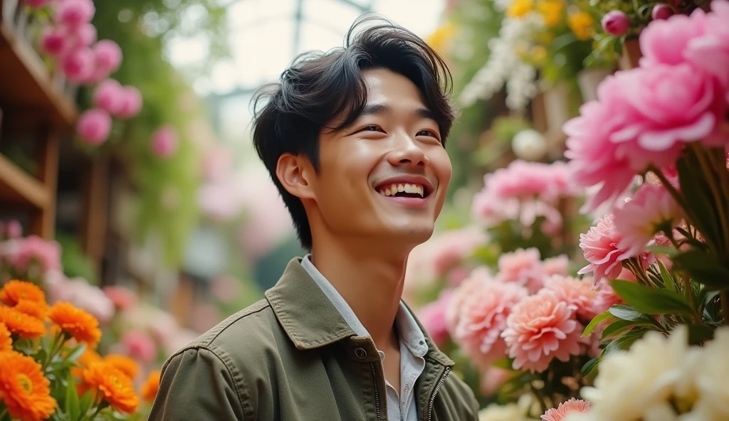 A young Japanese man wearing fashionable clothes is looking into the distance with a bright expression,Excited, Photo of your face, A florist shop with falling petals in the background, with a natural look, With a slightly tired look, tilt your face a little, Diagonal orientation, Average face