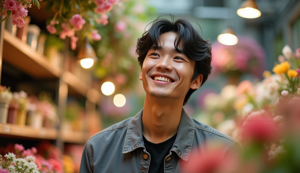 A young Japanese man wearing fashionable clothes is looking into the distance with a bright expression,Excited, Photo of your face, A florist shop with falling petals in the background, with a natural look, With a slightly tired look, tilt your face a little, Diagonal orientation, Average face